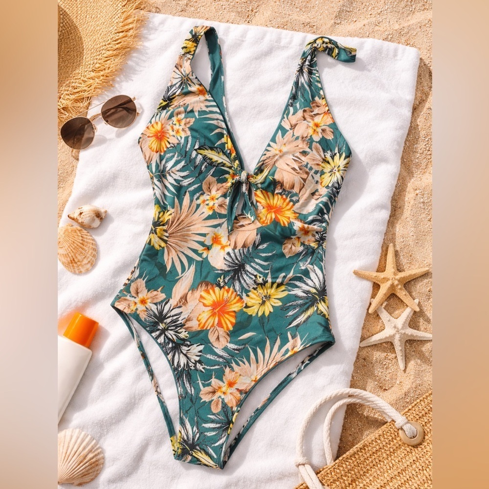 THE BIKINI LAB DARK TEAL TROPICAL KEYHOLE FRONT ONE PIECE Medium